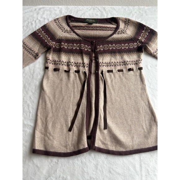 Eddie Bauer Sweaters - Eddie Bauer Womens Petite Small Fair Isle Cotton Merino Wool Cardigan Tan Brown